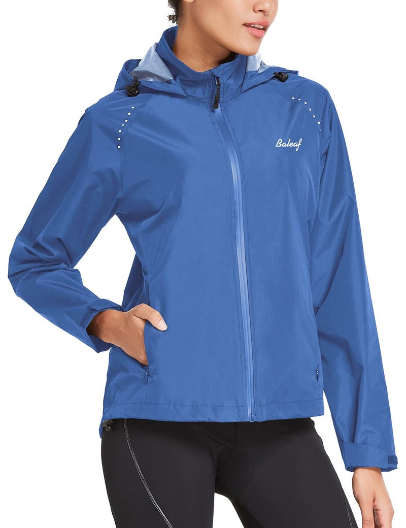 baleaf Women's Running Rain Jackets Waterproof Hooded Windbreaker Packable Lightweight Cycling Jacket Reflective Dark Blue M - Image 2