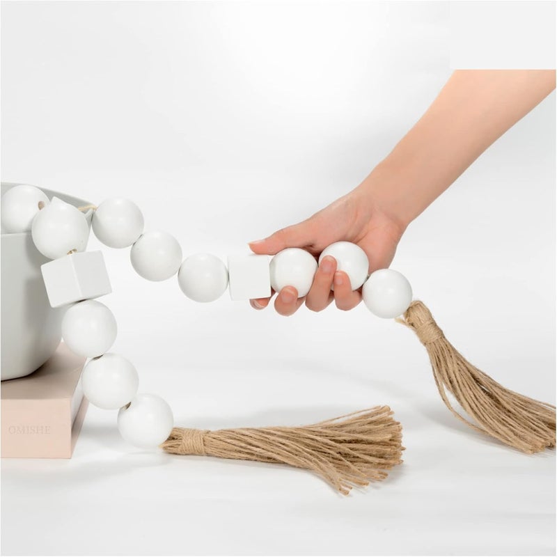 OMISHE White Large Wood Bead Garland with 1.6" Diameter Wooden Beads and Tassels, 41.5" Long Rustic Farmhouse Country Wood Beads Garland Decorative Beads for Home Decor Tiered Tray Decor Boho Decor - Image 1