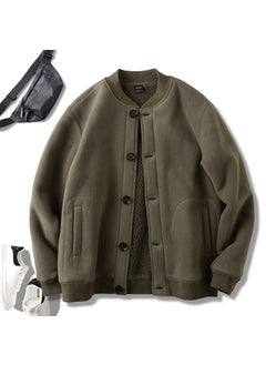 Shengban Rong Wool Cardigan Jacket For Men Double Layer Loose Fit Summer Thin Style Warm Comfortable Cotton And Wool Blend Army green 2351