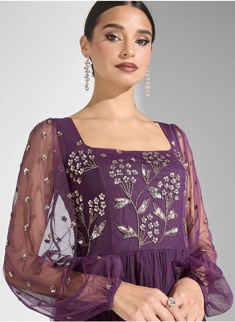 Maya Embellished Square Neck Puff Sleeve Dress