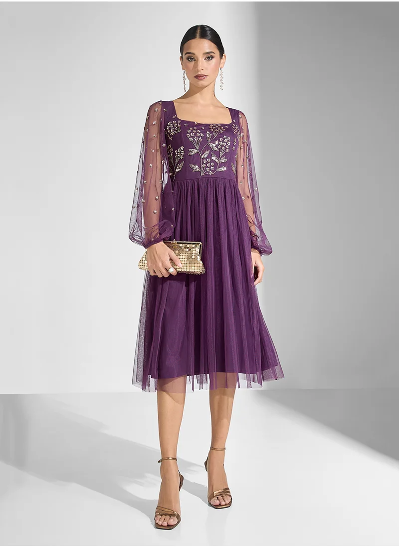 Maya Embellished Square Neck Puff Sleeve Dress