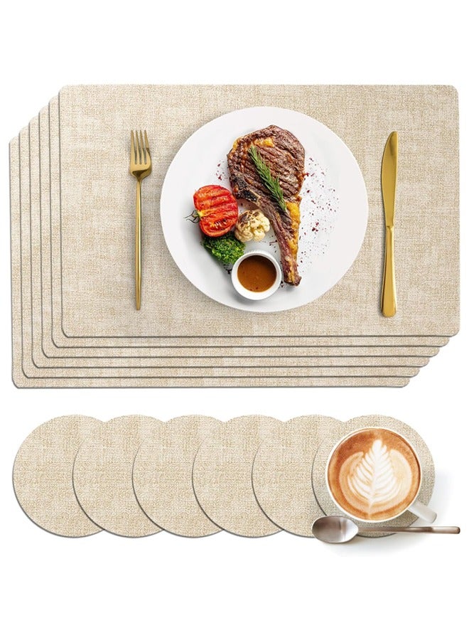 DUNISO 6 Piece Set of Faux Leather Placemats，Including 6 Placemats and 6 Coasters，Stain & Heat Resistant Table Place Mats，Waterproof Table Mats for Dining Table Indoor & Outdoor Use，Beige  - Image 1
