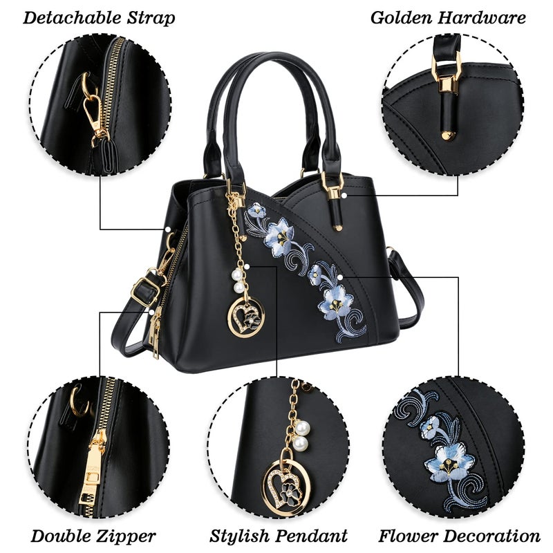 KKXIU Triple Compartments Purses and Handbags for Women Fashion Ladies Satchel Shoulder Top Handle Bag (A-Black) - Image 4