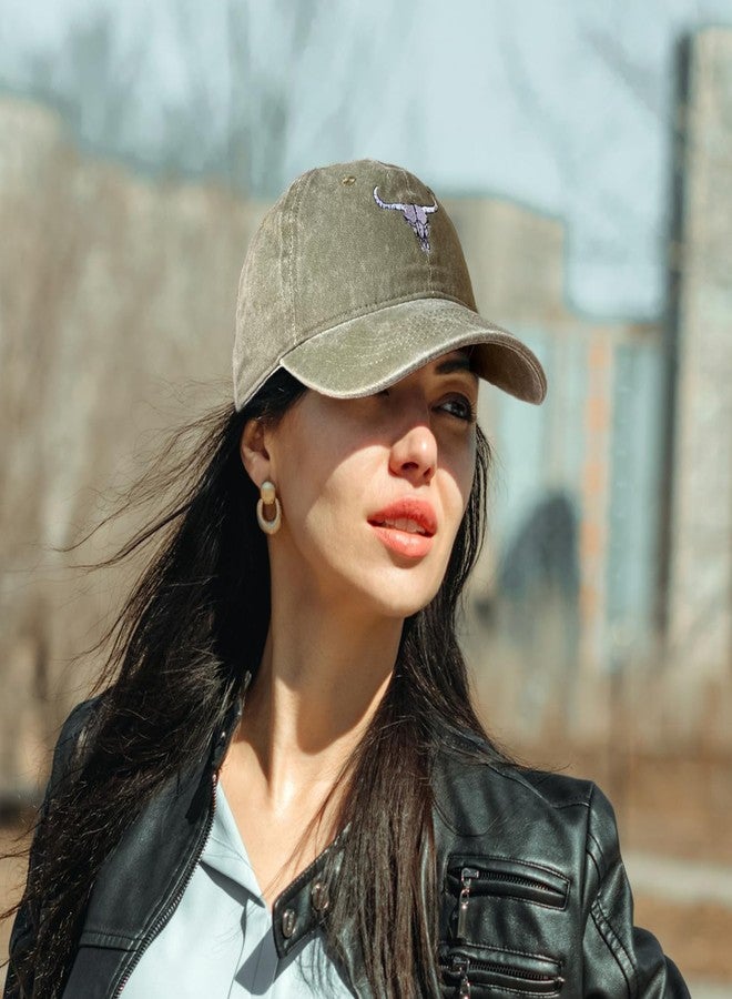 RLQWTKV Cow Skull Embroidery Baseball Cap Bull Head Outdoor Casual Adjustable Baseball Cap for Women Men Khaki Green - Image 2