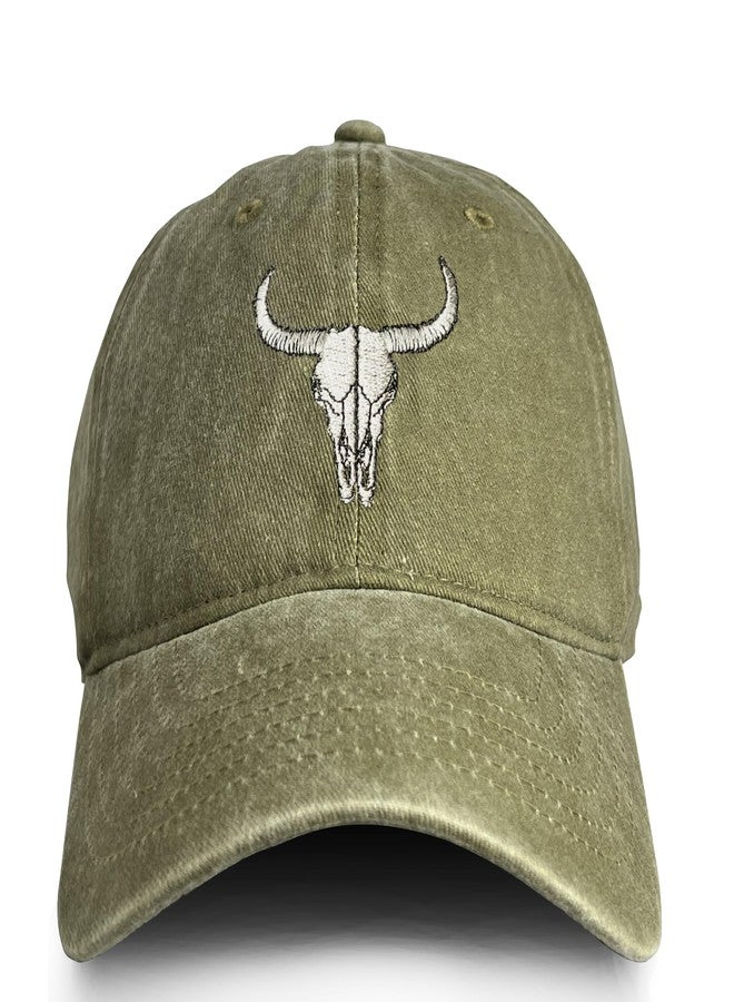 RLQWTKV Cow Skull Embroidery Baseball Cap Bull Head Outdoor Casual Adjustable Baseball Cap for Women Men Khaki Green - Image 1