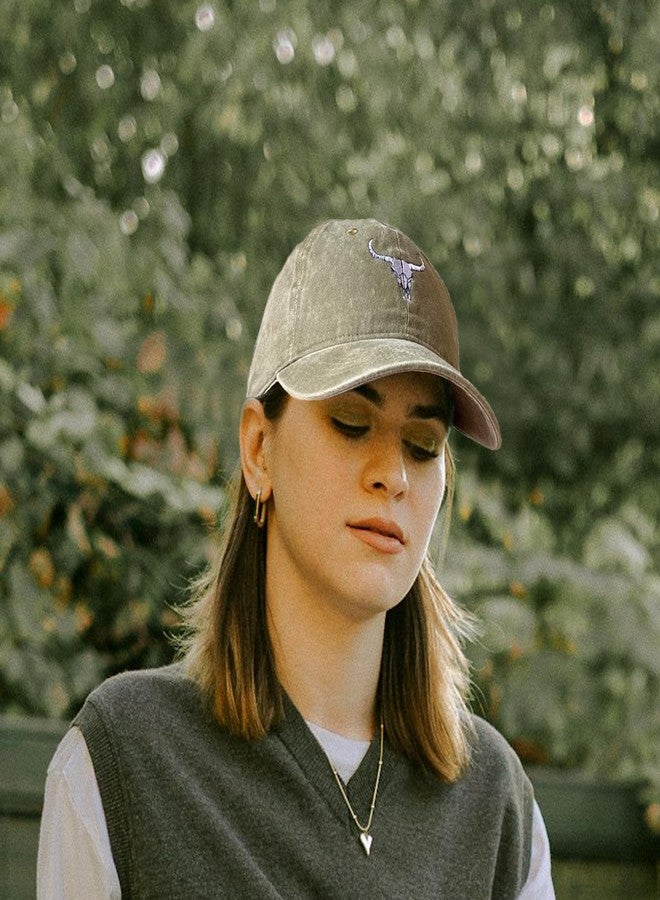 RLQWTKV Cow Skull Embroidery Baseball Cap Bull Head Outdoor Casual Adjustable Baseball Cap for Women Men Khaki Green - Image 5