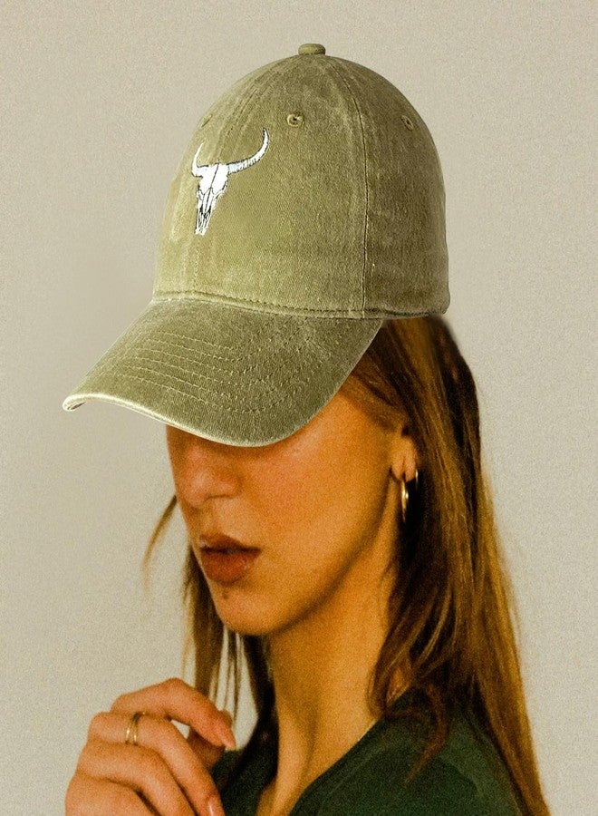 RLQWTKV Cow Skull Embroidery Baseball Cap Bull Head Outdoor Casual Adjustable Baseball Cap for Women Men Khaki Green - Image 3