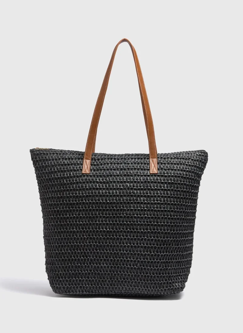 Matalan Black Straw Shopper Bag