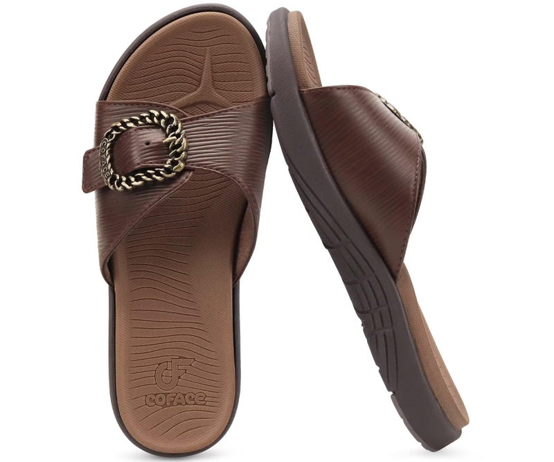COFACE Womens Dressy Orthotic Slides Ladies Yoga Memory Foam Leather Cushion Recovery Walking Sandals Open Toe Strap Summer Slip On Slippers Comfortable Plantar Fasciitis Arch Support Brown Size 8 - Image 1