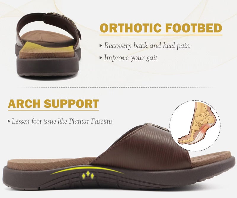 COFACE Womens Dressy Orthotic Slides Ladies Yoga Memory Foam Leather Cushion Recovery Walking Sandals Open Toe Strap Summer Slip On Slippers Comfortable Plantar Fasciitis Arch Support Brown Size 8 - Image 3
