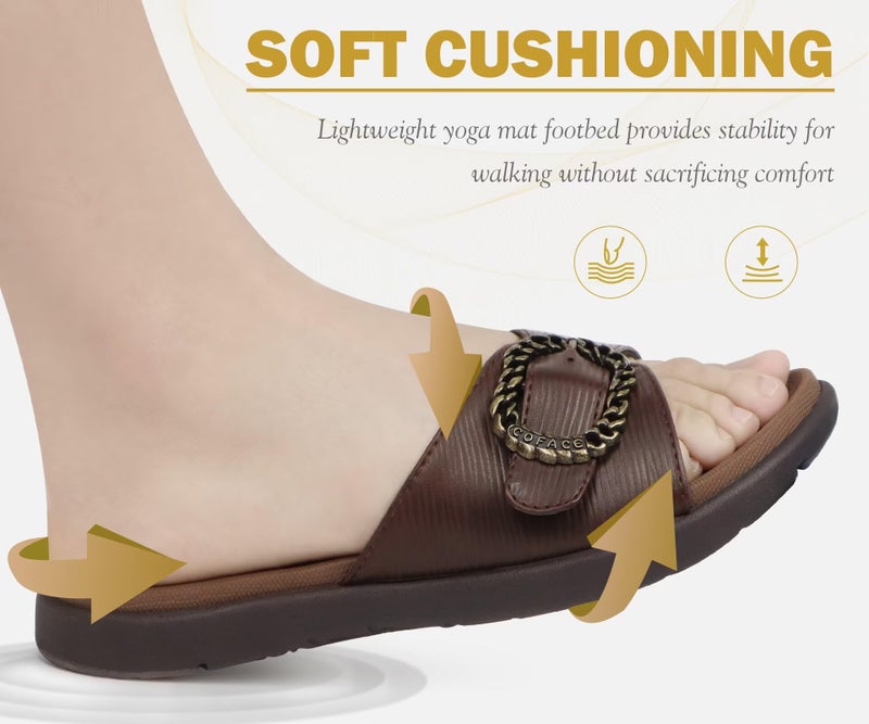 COFACE Womens Dressy Orthotic Slides Ladies Yoga Memory Foam Leather Cushion Recovery Walking Sandals Open Toe Strap Summer Slip On Slippers Comfortable Plantar Fasciitis Arch Support Brown Size 8 - Image 5