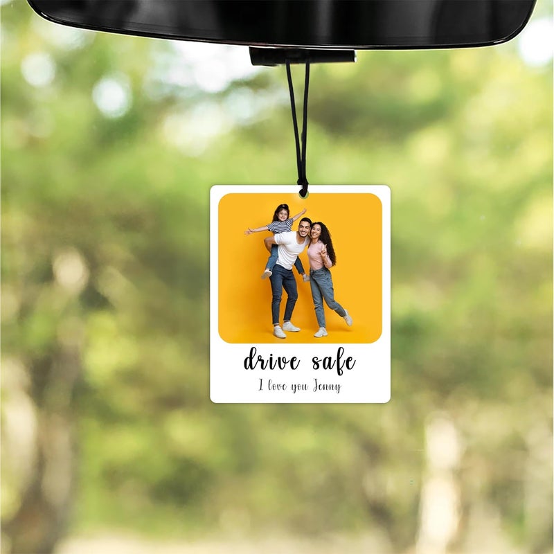 DECOCRU Personalized Car Accessories with Photo/Text | Acrylic Car Hanging | 'Drive Safe' Message | Romentic Gift for Couples, Him & Her - Image 1