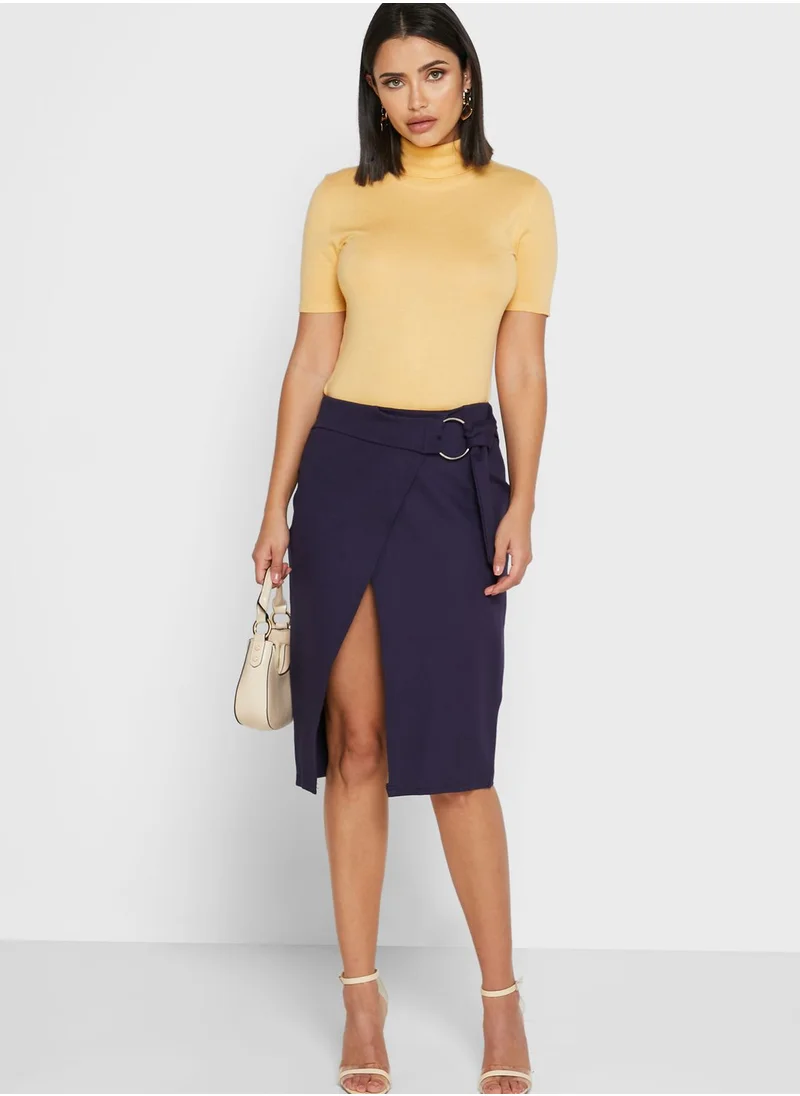 ELLA Wrap Front Ring Buckle Midi Skirt