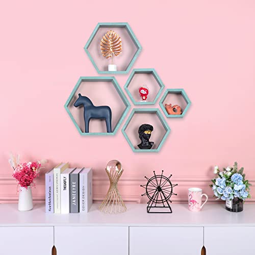PHOENANCEE Hexagon Floating Shelves,Wall Mounted Wood Farmhouse Storage Honeycomb Wall Shelf Set of 5,for Bathroom, Kitchen, Bedroom, Living Room,Office,Driftwood Finish (Ocean Blue) - Image 2