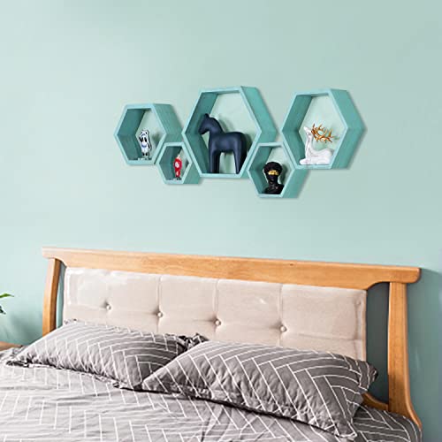 PHOENANCEE Hexagon Floating Shelves,Wall Mounted Wood Farmhouse Storage Honeycomb Wall Shelf Set of 5,for Bathroom, Kitchen, Bedroom, Living Room,Office,Driftwood Finish (Ocean Blue) - Image 5