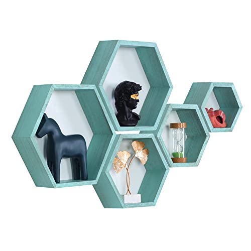 PHOENANCEE Hexagon Floating Shelves,Wall Mounted Wood Farmhouse Storage Honeycomb Wall Shelf Set of 5,for Bathroom, Kitchen, Bedroom, Living Room,Office,Driftwood Finish (Ocean Blue) - Image 1