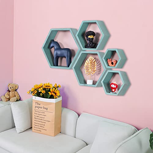 PHOENANCEE Hexagon Floating Shelves,Wall Mounted Wood Farmhouse Storage Honeycomb Wall Shelf Set of 5,for Bathroom, Kitchen, Bedroom, Living Room,Office,Driftwood Finish (Ocean Blue) - Image 4