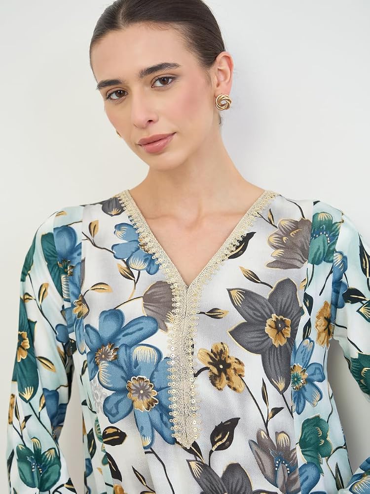 Styli Amirah Floral Print Jalabiya with Gold Lace Trim,Grey,S - Image 4
