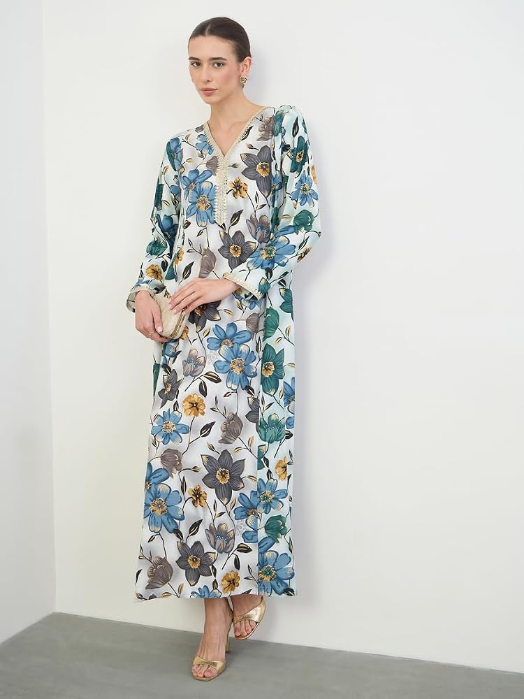 Styli Amirah Floral Print Jalabiya with Gold Lace Trim,Grey,S - Image 1