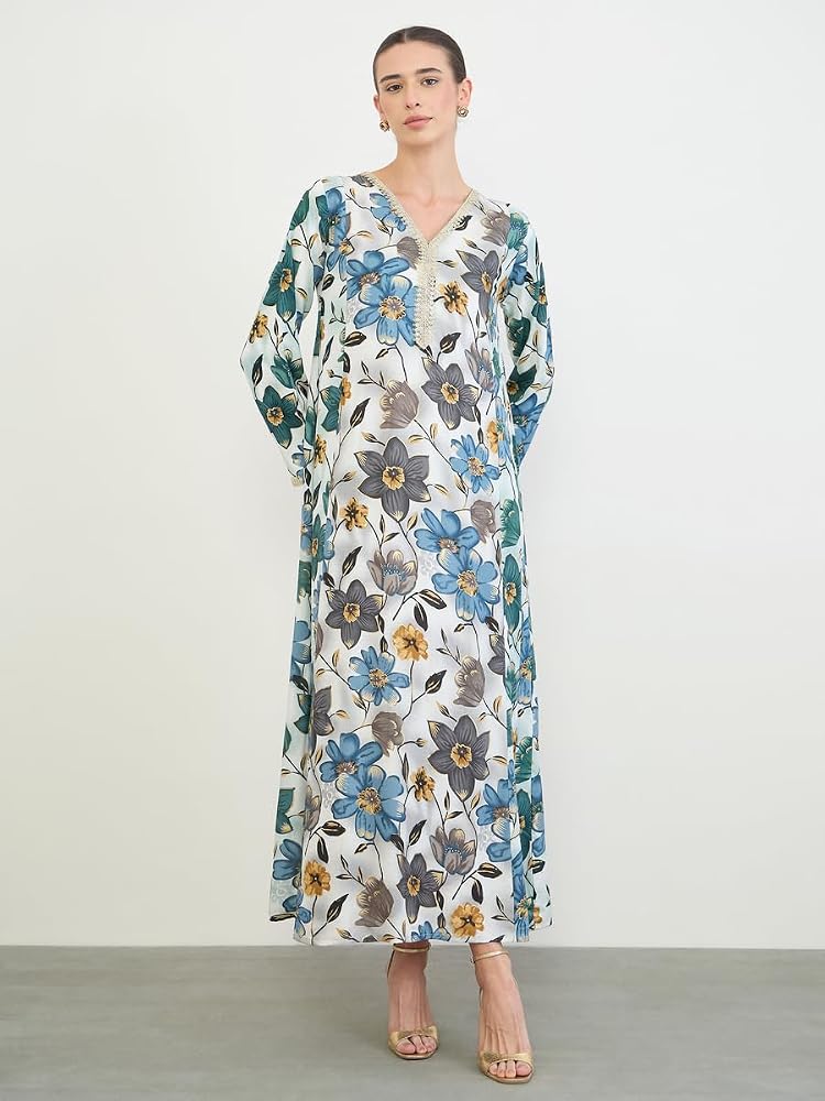 Styli Amirah Floral Print Jalabiya with Gold Lace Trim,Grey,S - Image 3