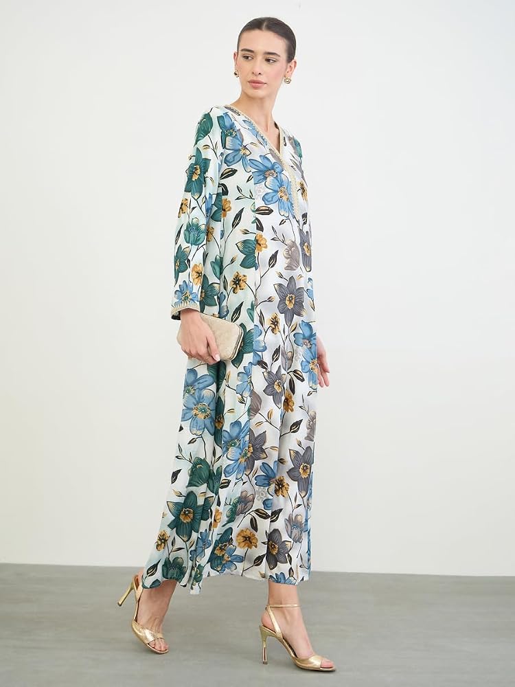 Styli Amirah Floral Print Jalabiya with Gold Lace Trim,Grey,S - Image 2