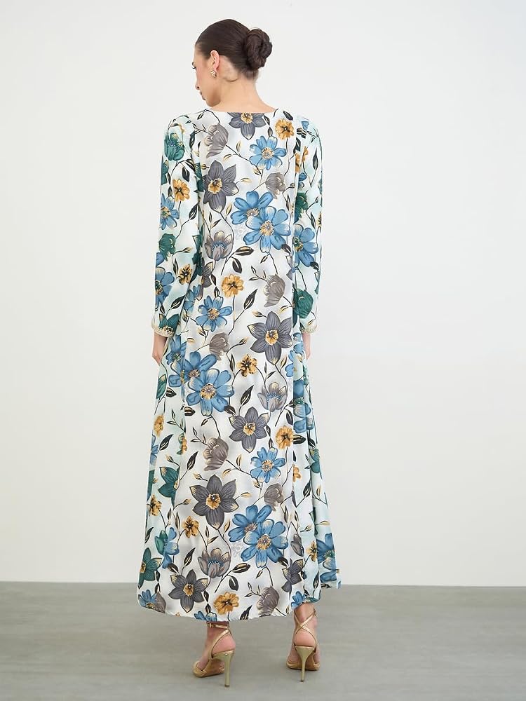 Styli Amirah Floral Print Jalabiya with Gold Lace Trim,Grey,S - Image 5