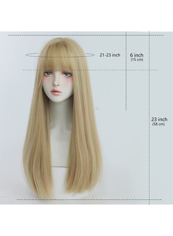 7JHH WIGS Blonde Wig With Bang For Women Long Straight Blonde Wig Synthetic Wig For Girl Emo Cosplay And Daily Use（23" Blonde - Image 3