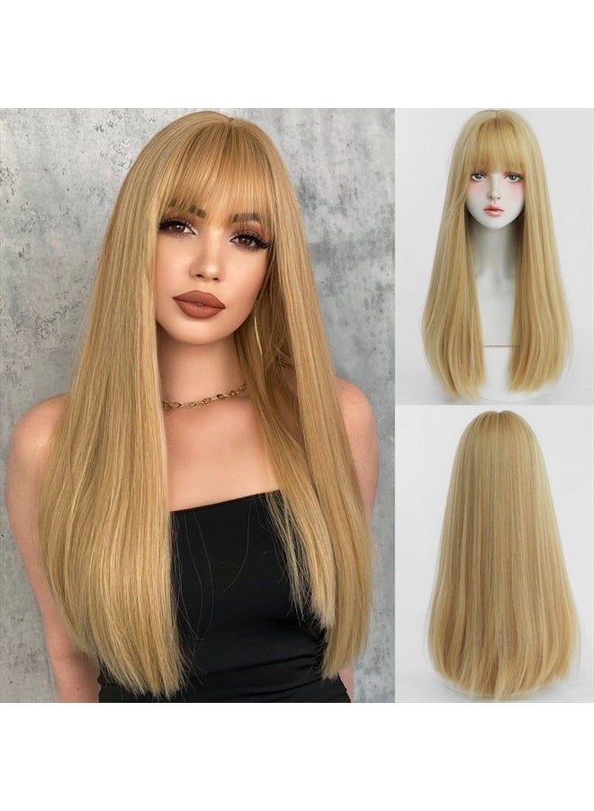 7JHH WIGS Blonde Wig With Bang For Women Long Straight Blonde Wig Synthetic Wig For Girl Emo Cosplay And Daily Use（23" Blonde - Image 1