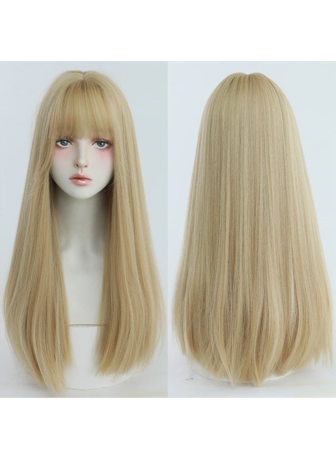 7JHH WIGS Blonde Wig With Bang For Women Long Straight Blonde Wig Synthetic Wig For Girl Emo Cosplay And Daily Use（23" Blonde - Image 4