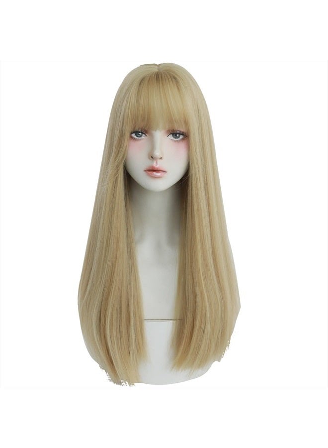 7JHH WIGS Blonde Wig With Bang For Women Long Straight Blonde Wig Synthetic Wig For Girl Emo Cosplay And Daily Use（23" Blonde - Image 2