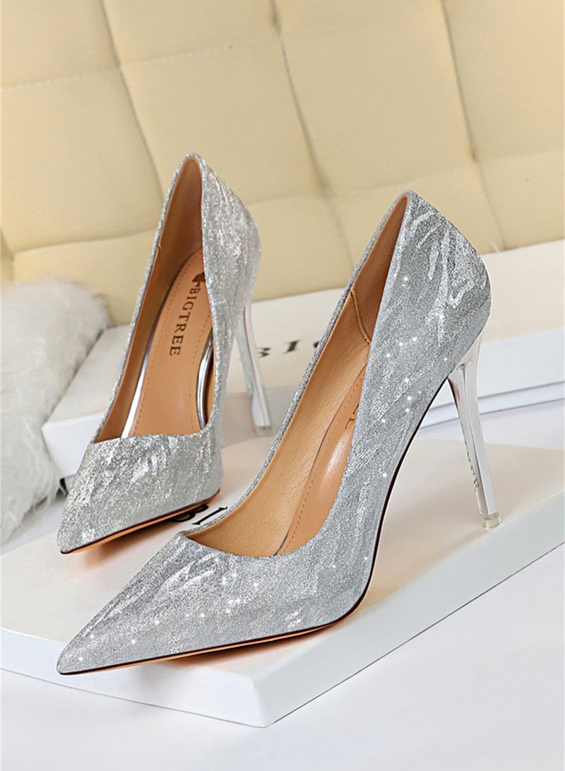 BIGTREE 10.5cm Slim Shoes For Women With Slim Heels Shallow Heels And Pointed Side Sequins Silver - Image 1