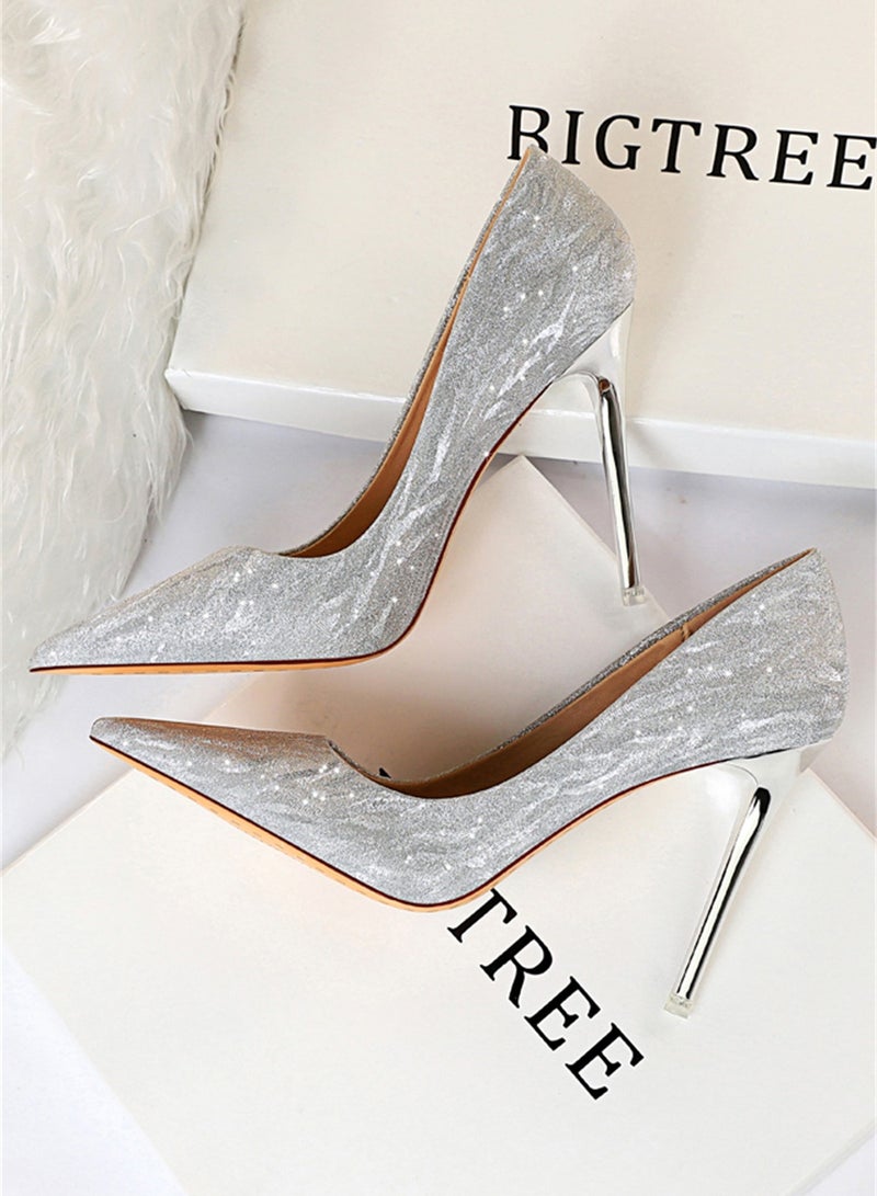 BIGTREE 10.5cm Slim Shoes For Women With Slim Heels Shallow Heels And Pointed Side Sequins Silver - Image 2