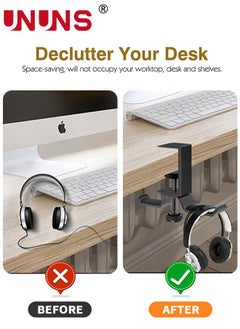UNUNS Dual Rotatable Headphone Stand Hanger, UNUNS Aluminum Under Desk Clamp Headset Holder, 360° Rotating Earphone Mount with Adjustable Clamp for All Headphones, PC Gaming Headphone, Black  - Image 2