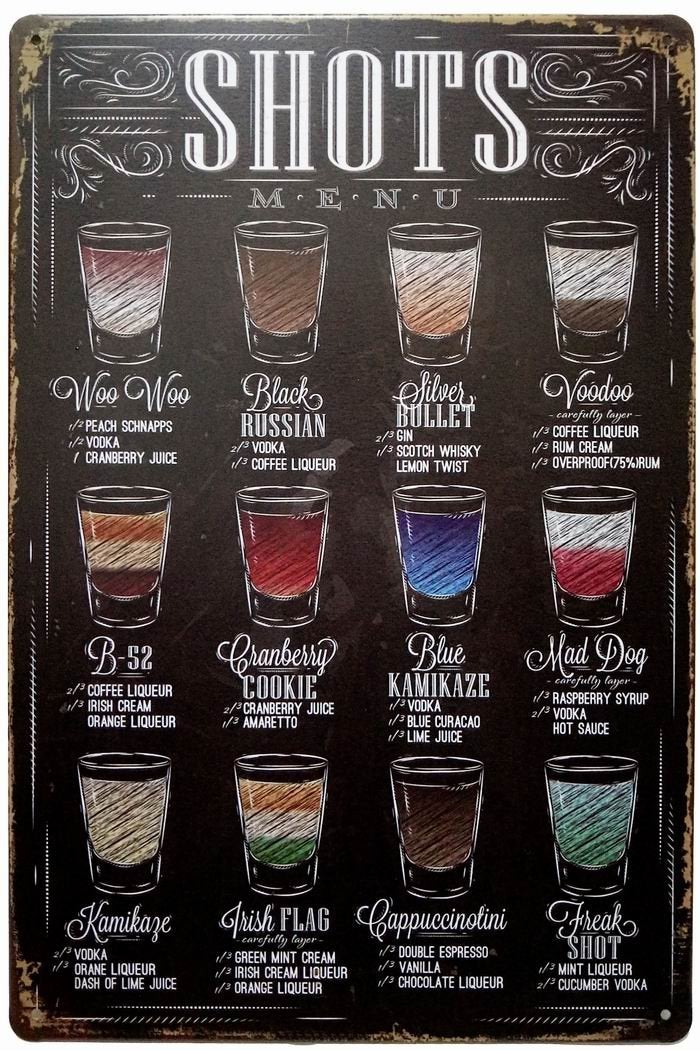 ERLOOD Shots Menu Retro Vintage Bar Metal Tin Sign Poster Ptyle Wall Art Pub Bar Decor 12 X 8