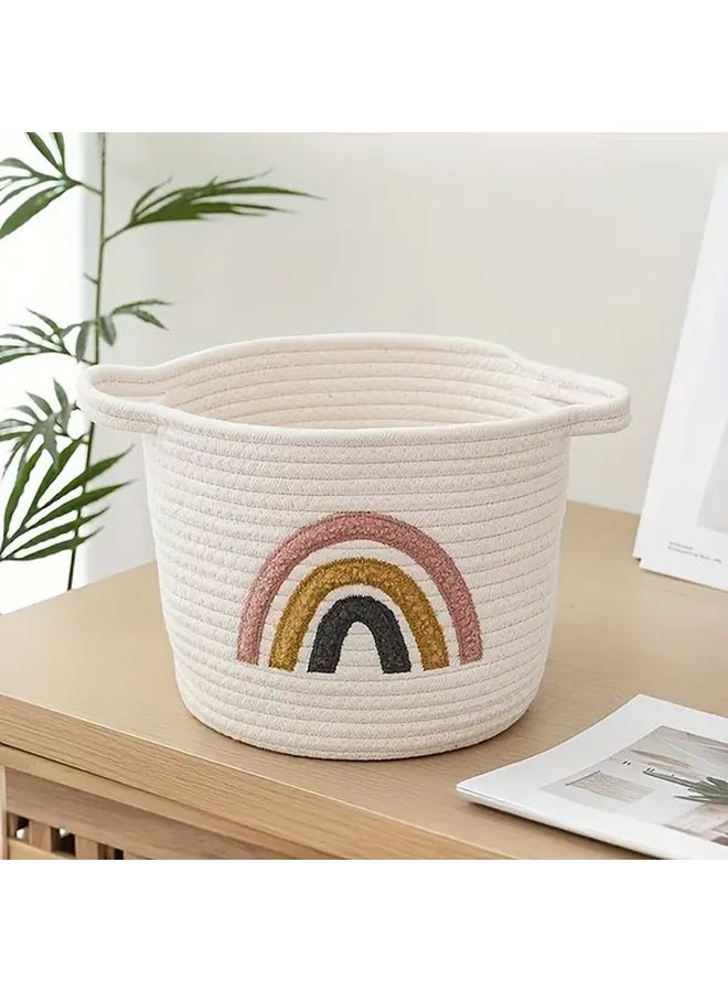 Rainbow Embroidered Storage Basket Woven Polyester Fiber Bin Diaper Toy Organizer Suitable For 14 Plus Age Group Polychrome - Image 1