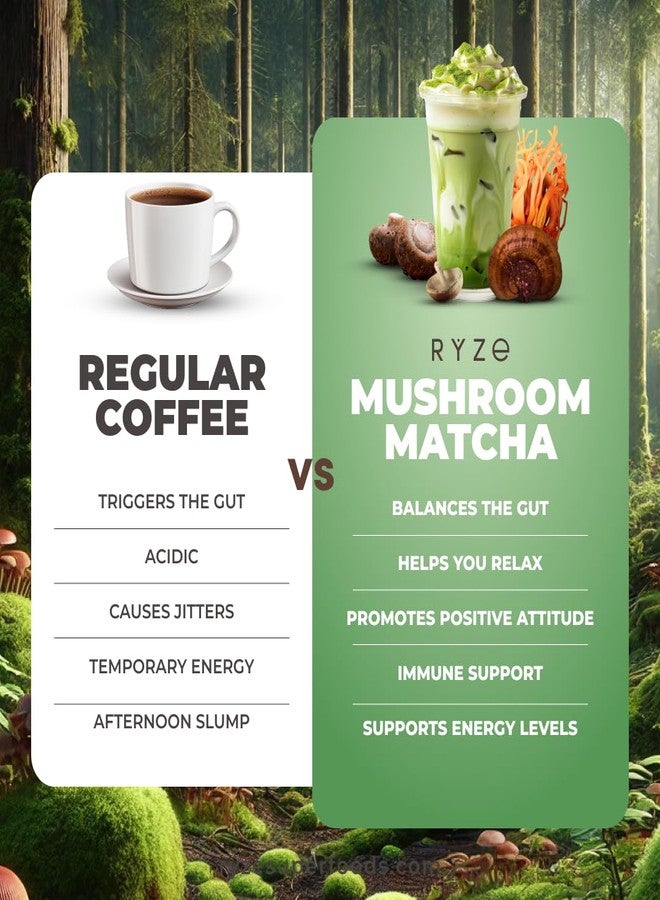 RYZE SUPERFOODS Mushroom Matcha, USDA Organic with 6 Adaptogenic Mushrooms and Ceremonial-Grade Matcha for Energy, Focus, Digestion, Immunity with Turkey Tail, Shiitake, Lion's Mane, 30 servings - Image 4