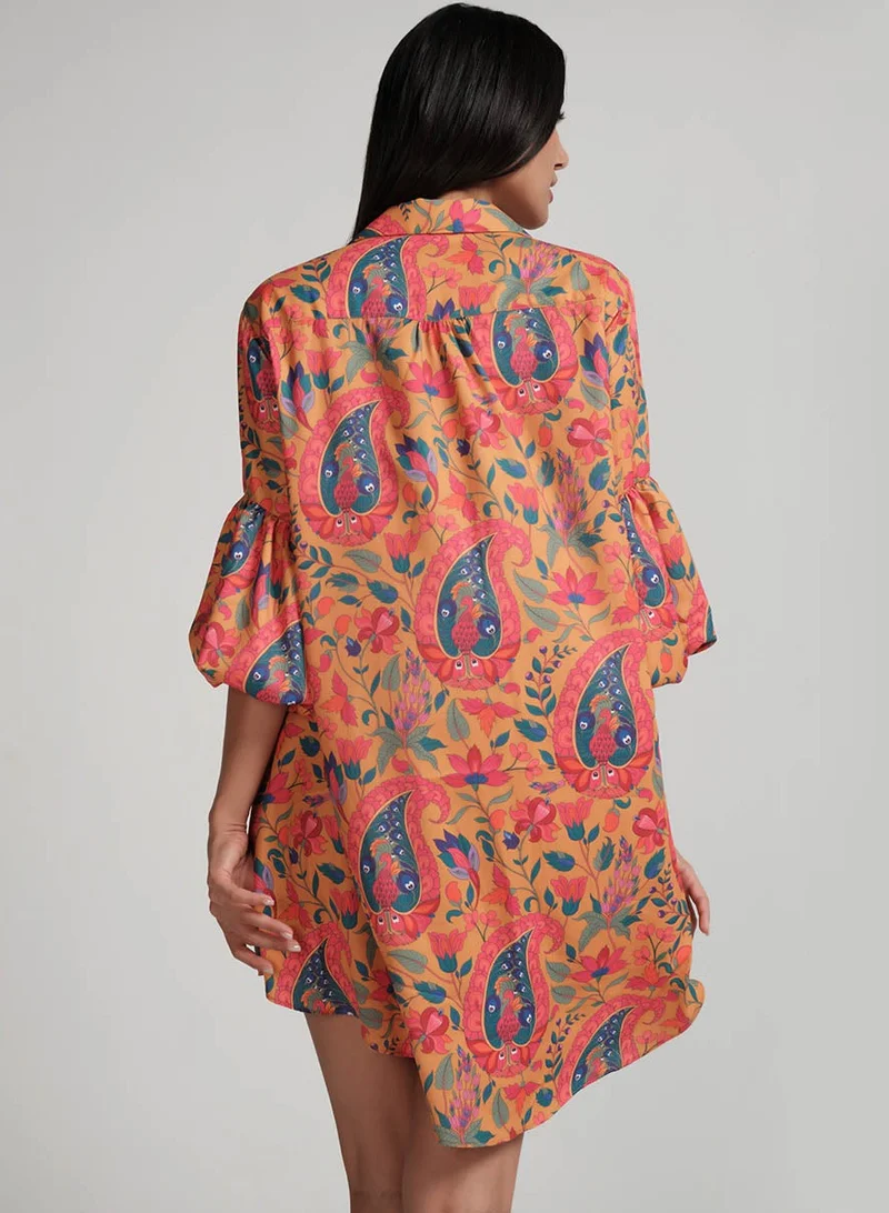 Zigzag Puffed Sleeve Classic Collared Shirt Dress