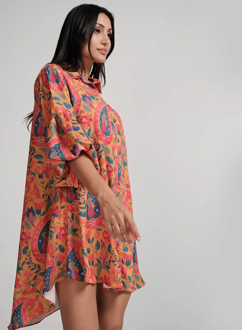 Zigzag Puffed Sleeve Classic Collared Shirt Dress