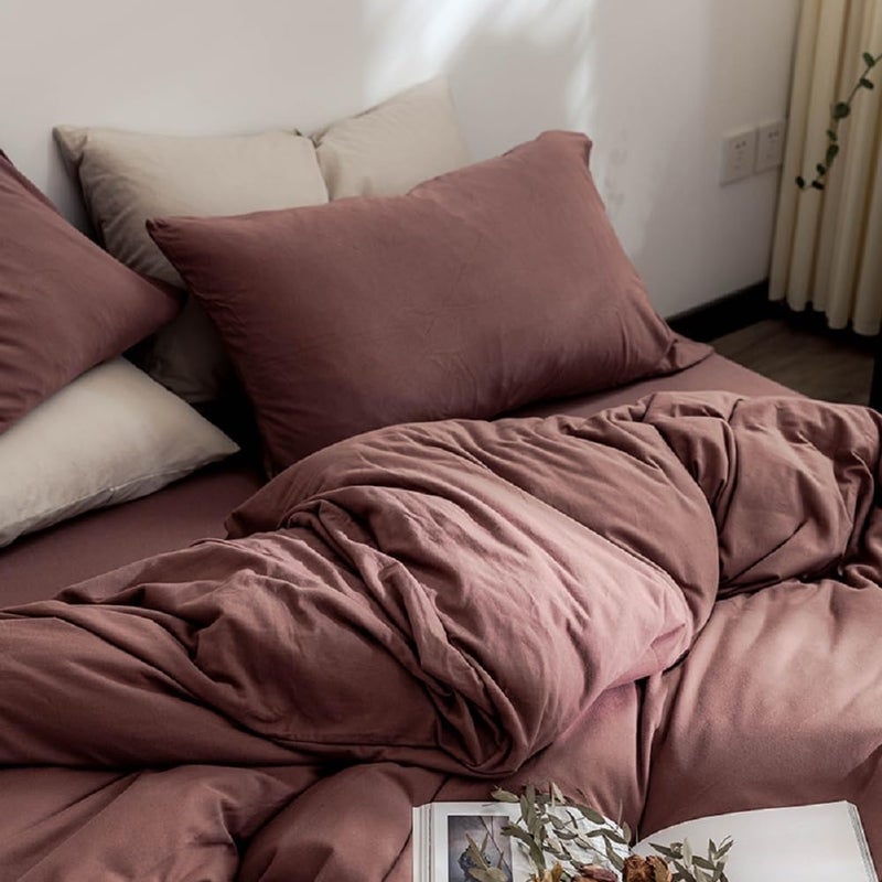LifeTB Brick Red Duvet Cover Twin XL Size Soft Jersey Knit Cotton Bedding Set Minimalist Clay Rust Red Comforter Cover 3 Pieces Solid Color Bedding Knitted Cotton Duvet Cover with 2 Pillowcases - Image 3