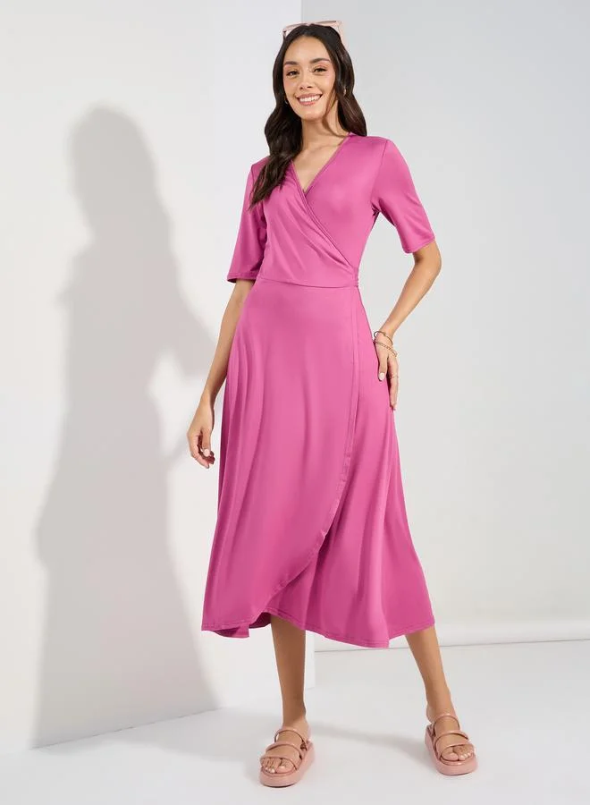 Styli Solid Wrap Midi Dress