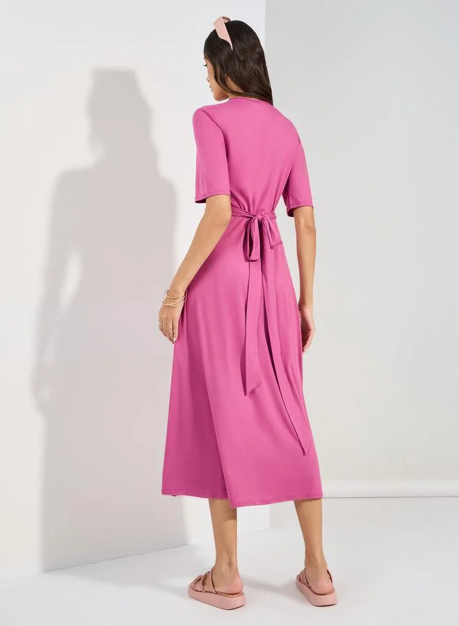 Styli Solid Wrap Midi Dress