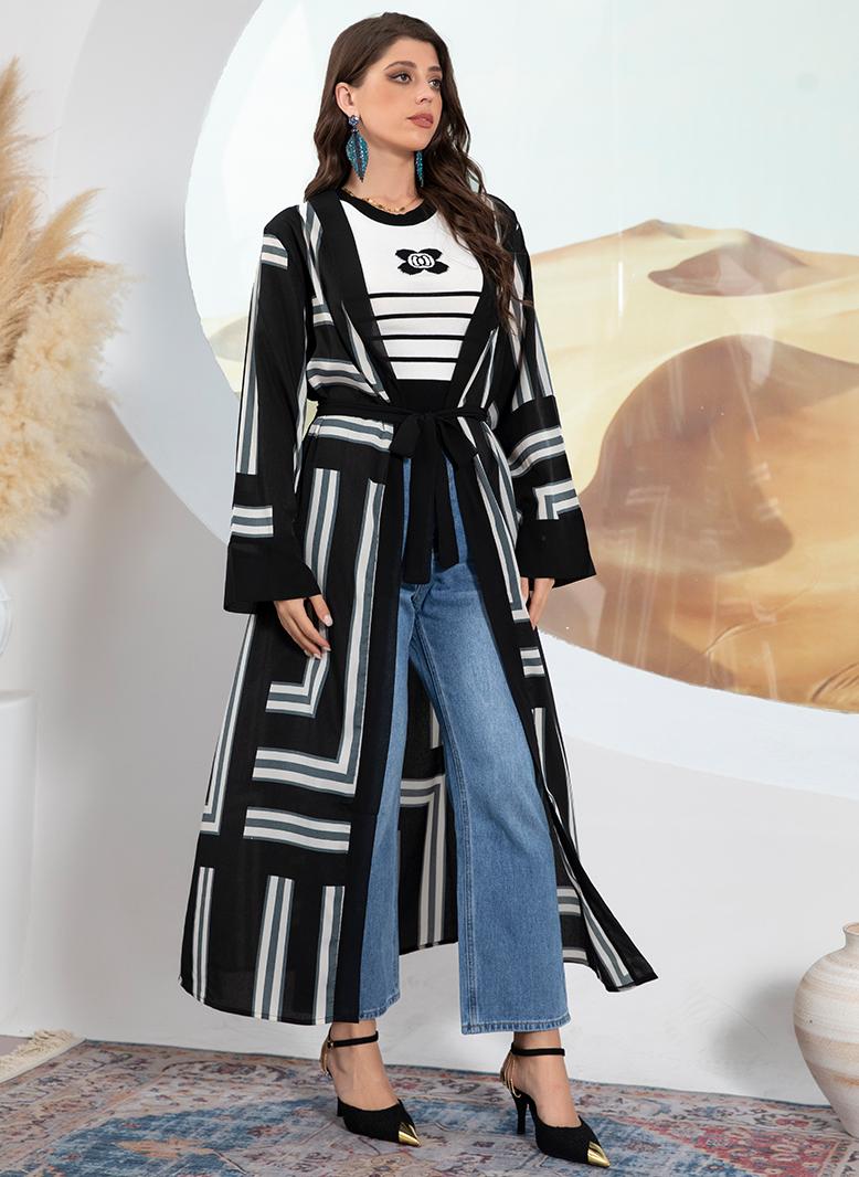 فرايديين كاجول طوق الشلال تباين اللون طباعة شريط غير منتظم كم منتظم عباية اسود - Image 3