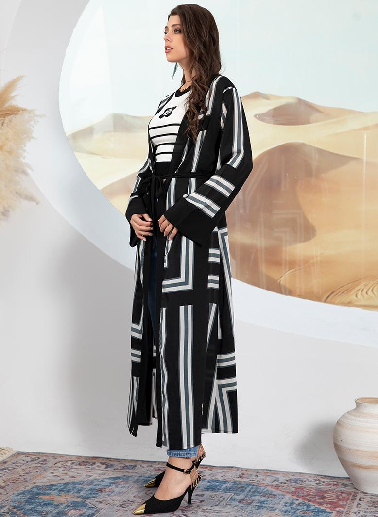 فرايديين كاجول طوق الشلال تباين اللون طباعة شريط غير منتظم كم منتظم عباية اسود - Image 4