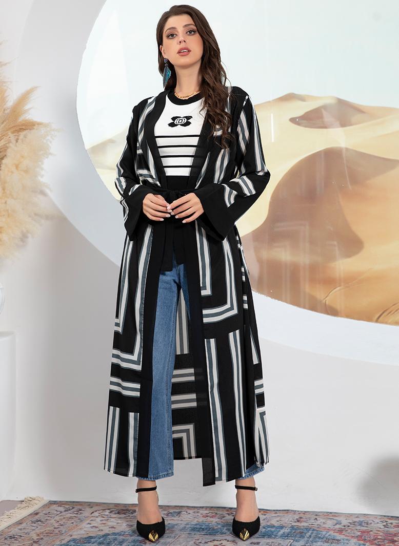 فرايديين كاجول طوق الشلال تباين اللون طباعة شريط غير منتظم كم منتظم عباية اسود - Image 5