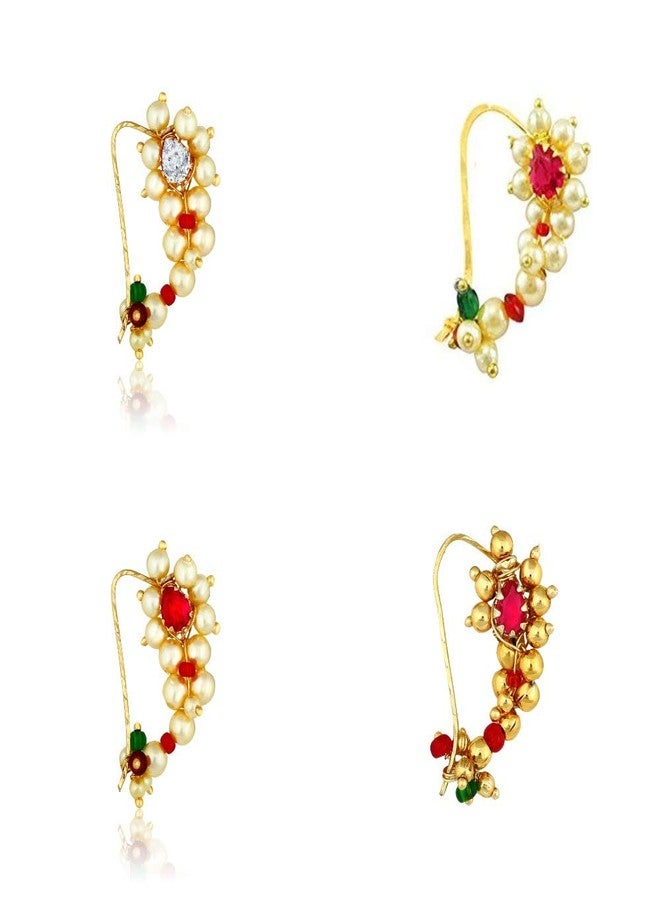 Amaal Traditional Jewellery Gold Plated Maharashtrian Wedding Combo Nose pin/Nath Nose Ring for Women Girls (4 pcs) -Nath COMBO-A705