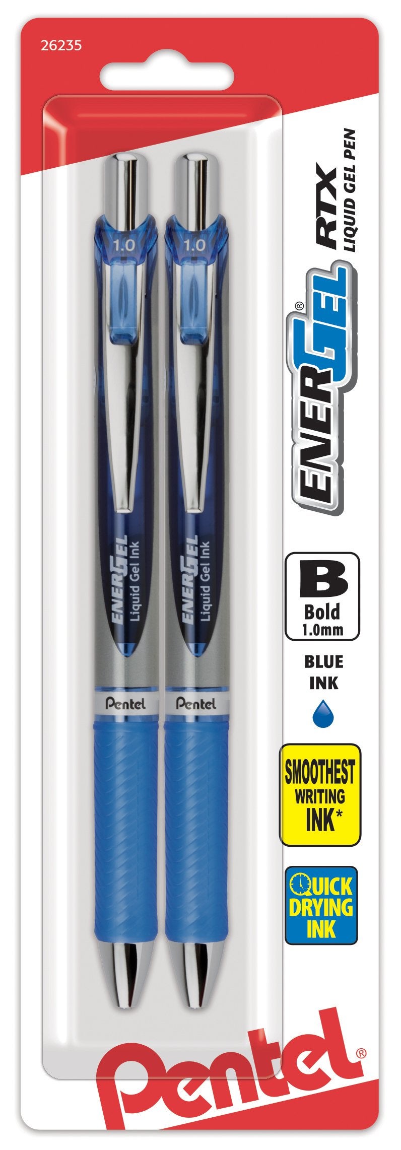Pentel Energel RTX Retractable Liquid Gel Pen, Bold Line, Metal Tip, Blue Ink Pack of 2 (BL80BP2C) - Image 1