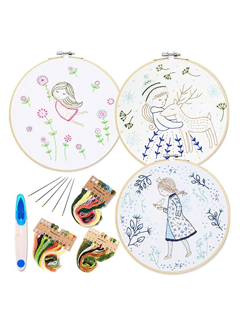 SOLARAE Embroidery Starter Kit with Pattern, Instructions, 3 Sets Cross Stitch Kit Include Embroidery Clothes with Plants Flowers Pattern, 3 Embroidery Hoops, Color Threads and Tools, Dreaming Girl - Image 1