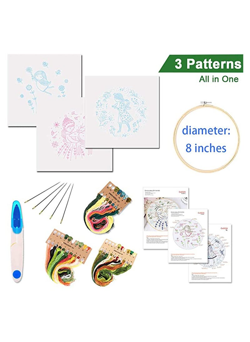SOLARAE Embroidery Starter Kit with Pattern, Instructions, 3 Sets Cross Stitch Kit Include Embroidery Clothes with Plants Flowers Pattern, 3 Embroidery Hoops, Color Threads and Tools, Dreaming Girl - Image 2