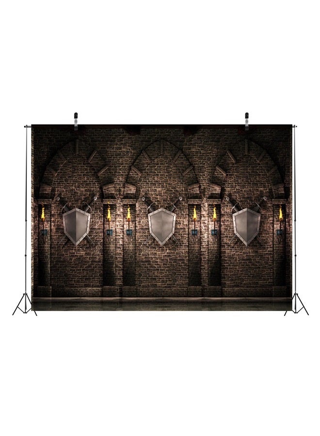 BELECO 10x8ft Fabric Gothic Castle Backdrop Medieval Castle Ancient Brick Stone Wall Arches with Swords Shield Torches Prison Dungeon Evil Background Medieval Castle Party Decorations Photo Props - Image 1