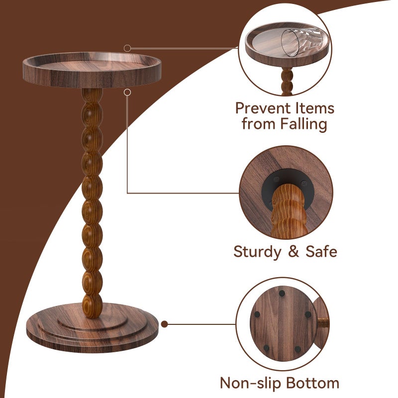 XNSDXV Round Side Table with Solid Wood Leg, Small Drink Table for Small Spaces, Martini Table with Raised Edge, Pedestal Side Table for Living Room, Bedroom,Sofa and Couch (Walnut Brown) - Image 5